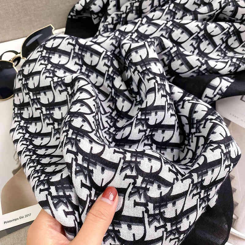 6ENT Korean version foreign style black d letter cotton linen scarf women's spring and autumn thin silk winter shawl over