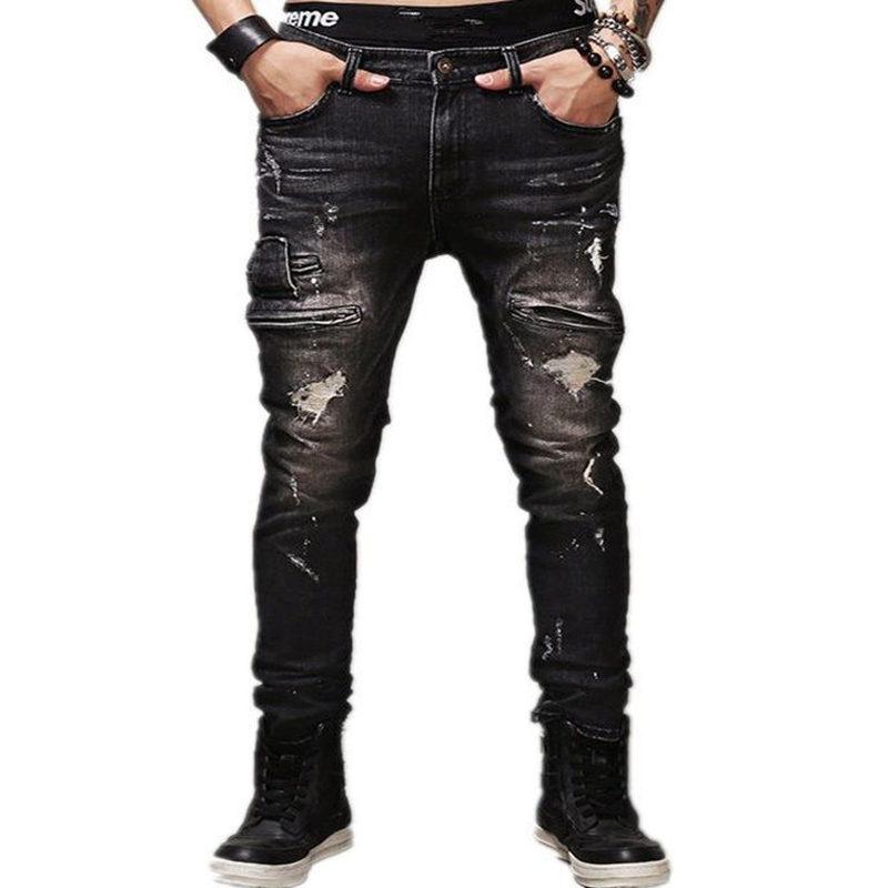 

Men's Jeans Fashion Hole Leisure Tide Men's Cotton Long Trousers Black Denim Casual Straight Men Bottoms Big Size 40Men's