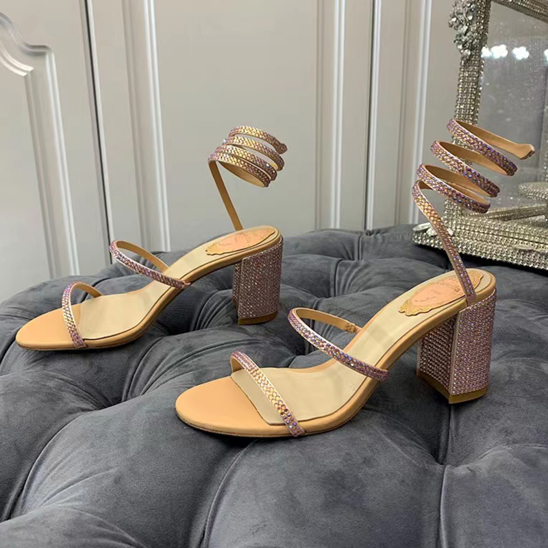 

Rene caovilia sandals for women top quality Serpentine winding Satin dress shoes Genuine leather sole chunky heels designer 9CM High Heel Rome womens Sandal 35-43, Black