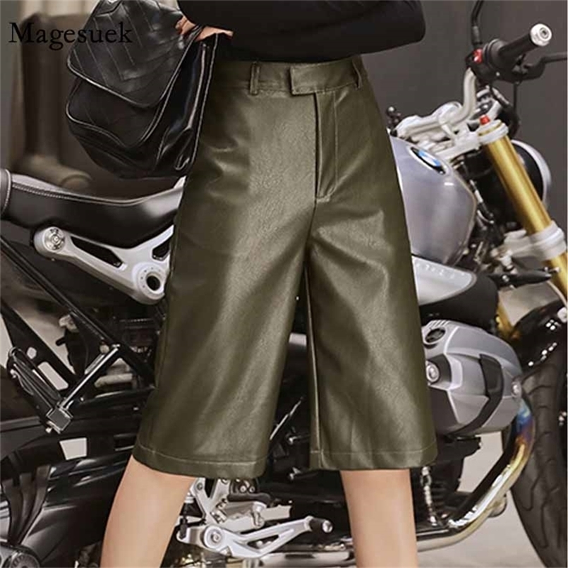 

High Waist Plus Size Casual Overalls Streetwear Motor Fashion Trouser British Style Autumn Winter Women PU Leather Short 11334 220419, Army green