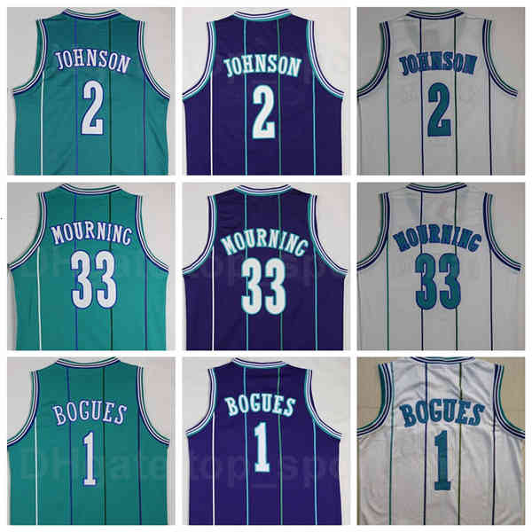 

Men Vintage Basketball Alonzo Mourning Jersey 33 Tyrone Muggsy Bogues 1 Larry Johnson 2 Retro Green White Purple Team Color for Sport Fans, 1 white