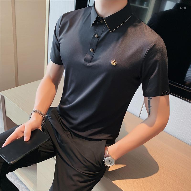 

Men's Polos Luxury Crown Embroidery Shirts Men Short Sleeve High Elasticity Seamless Casual Slim T-shirts Social Tee Tops Male ClothingMen's, White