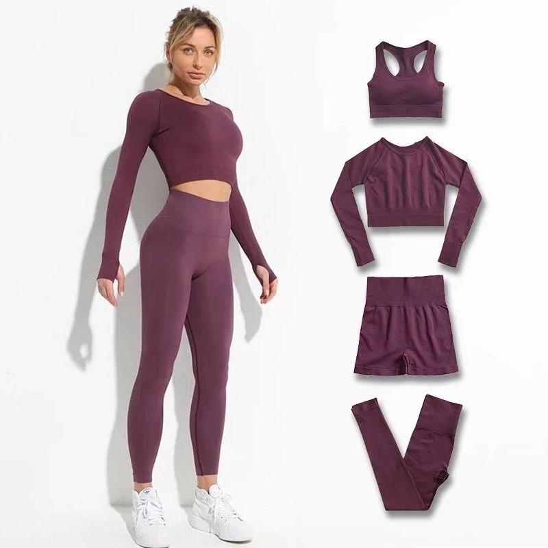 

Yoga Outfit 2/3/4pcs Seamless Set Workout Sport Outfits For Women Gym Long Sleeve Crop Top High Waist Leggings Sportswear AthleticYoga, Dark grey bra set