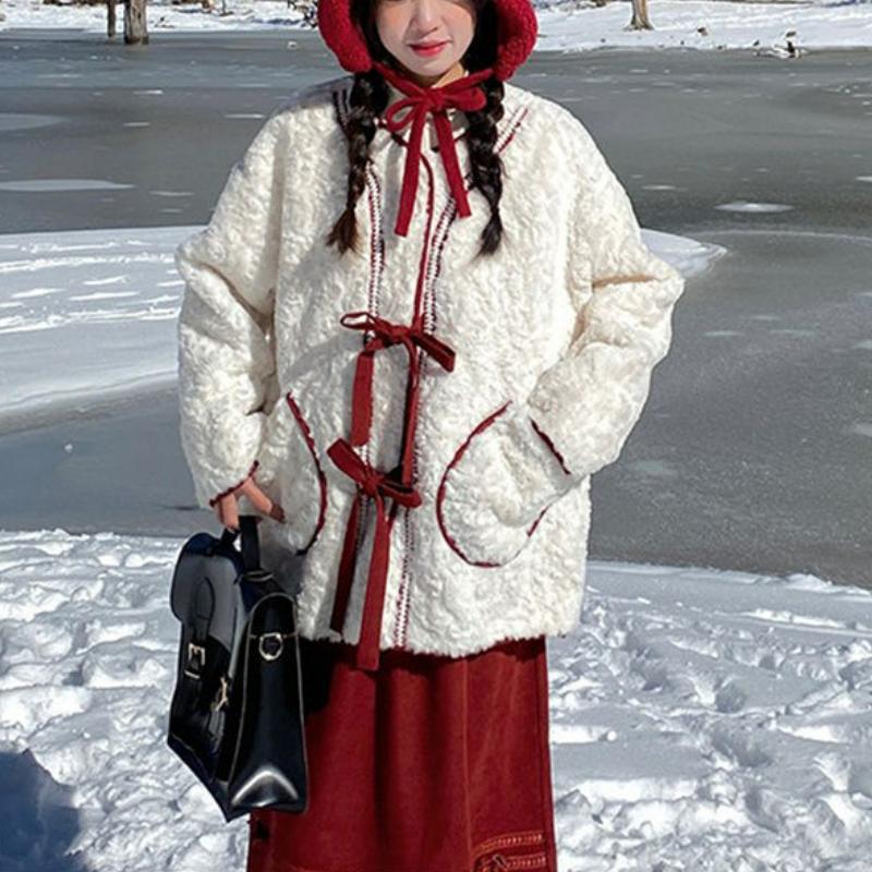 

Women' Jackets Winter Sweet Korean Jacket White Warm Women Outwear Designer Chic Tops Bow Streetwear Elegant Vintage Solid Down Coat Ladies
