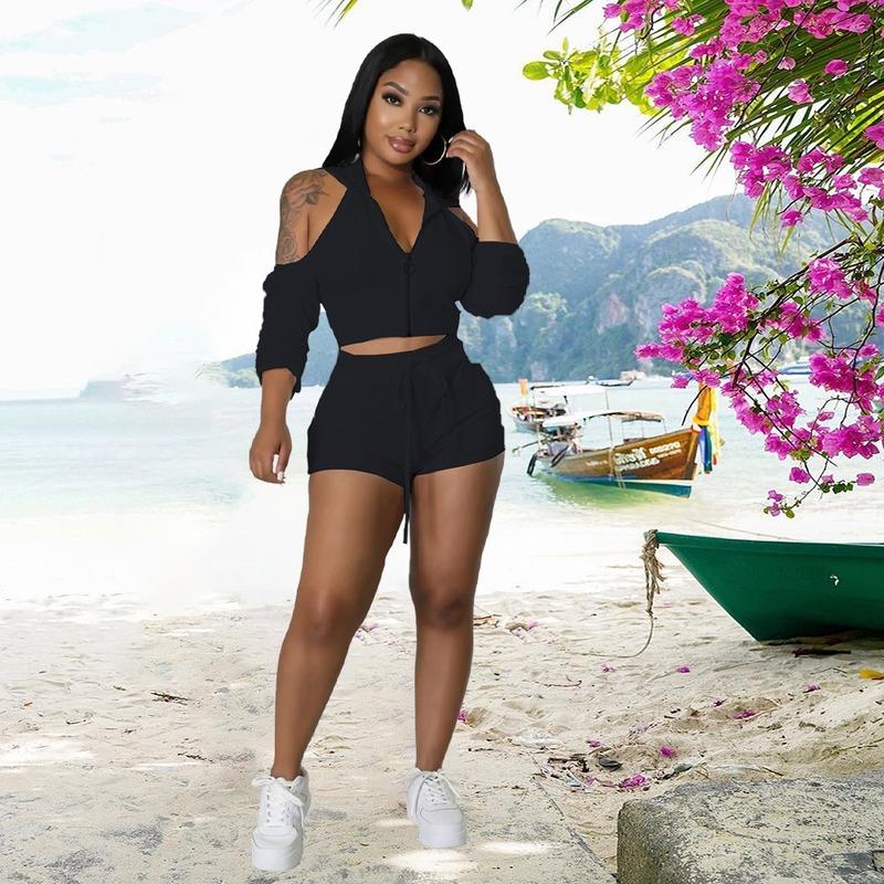 

Women' Tracksuits Hooded Zipper Solid Backless Pleated Half Sleeve Sexy Elastic Waist Shorts SetsWomen, Black