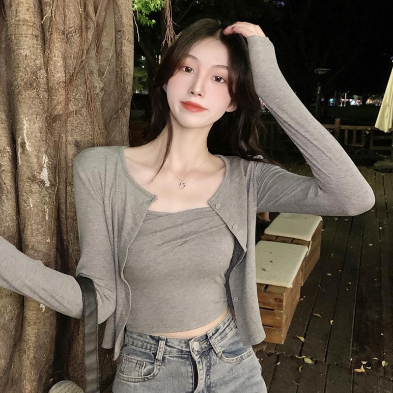 

Women's T-Shirt White Women Sexy Tops Korean Fashion Casual Style Two-piece Suit Early Autumn T Shirts Clothes Tees Slim Crop Top, Black