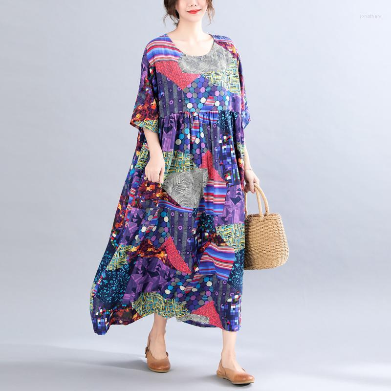 

Plus Size Dresses BIG Summer Women Fashion Novelty Spliced Print Tops Ladies Female Large Long Casual Loose Ruffles Cotton Dress Jona22, Purple