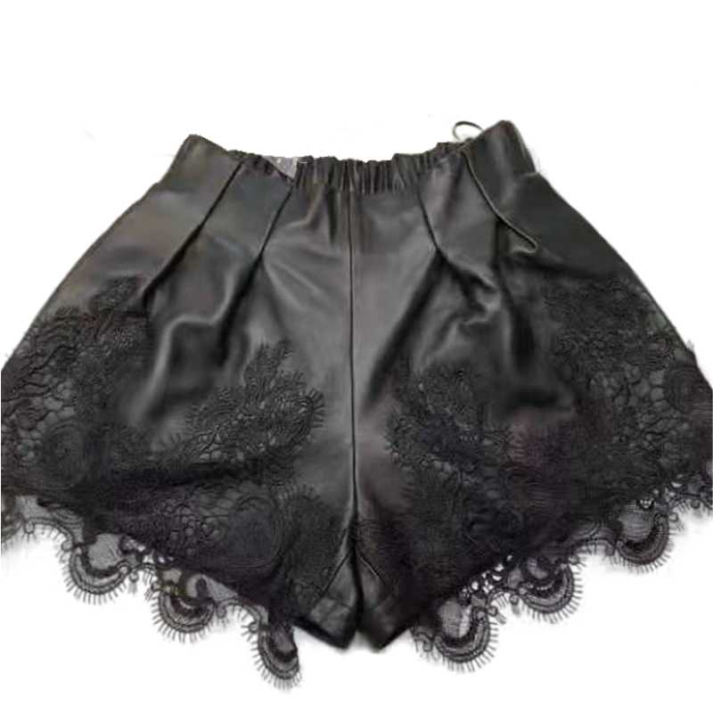 

Women' Shorts 2022 Arrival Women Fashion Real Sheepskin Leather With Lace, Black
