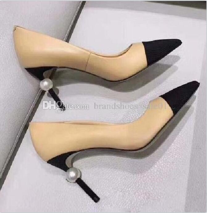 

Original Stiletto Heel Shoes Designer Women Goatskin Grosgrain Pumps Leather Pearl High Heels OL Dress Shoes Lady Beige White Black Single Wedding Shoes
