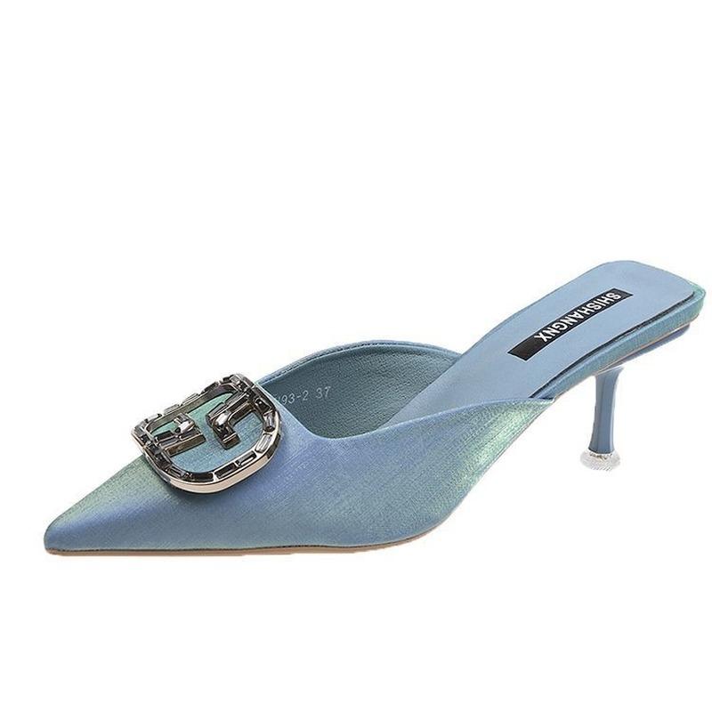 

Sandals Women 2022 Korean Fashion High Heels Shoes Pointed Half Slippers, Blue