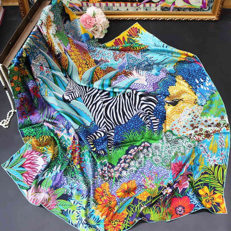 

Jungle Zebra pattern silk plain crepe satin 110 generous towel mulberry scarf women's shawl