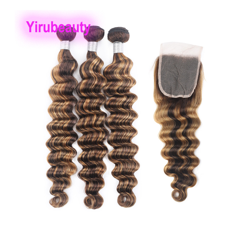 

Brazilian Human Hair P4/27 Piano Color Loose Deep 3 Bundles With 4x4 Lace Closure Free Middle Three Part Curly Peruvian Double Wefts 4 Pcs, P4/27 three part