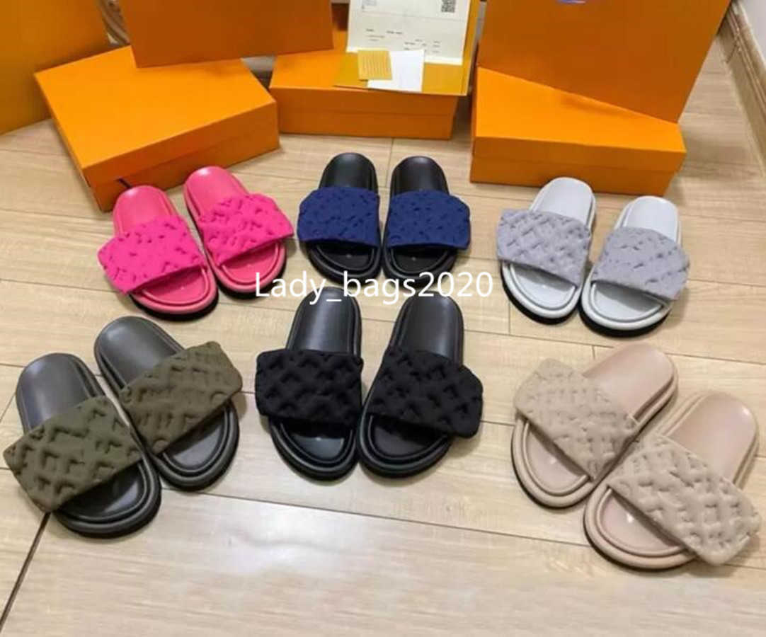 Femmes String Velcro Pantoufles Designer Sandales Nylon POOL PILLOW CONFORT Cuir Hommes Sandale Plate De Luxe Plate-Forme Pantoufle En Caoutchouc