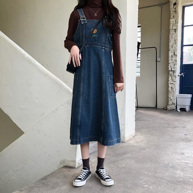 

Casual Dresses SML 2022 Korean Style Floral Embroidery Women Straps Long Denim Dess Female Sundress Overalls Girl Jeans Tank Dress Womens(78, Blue