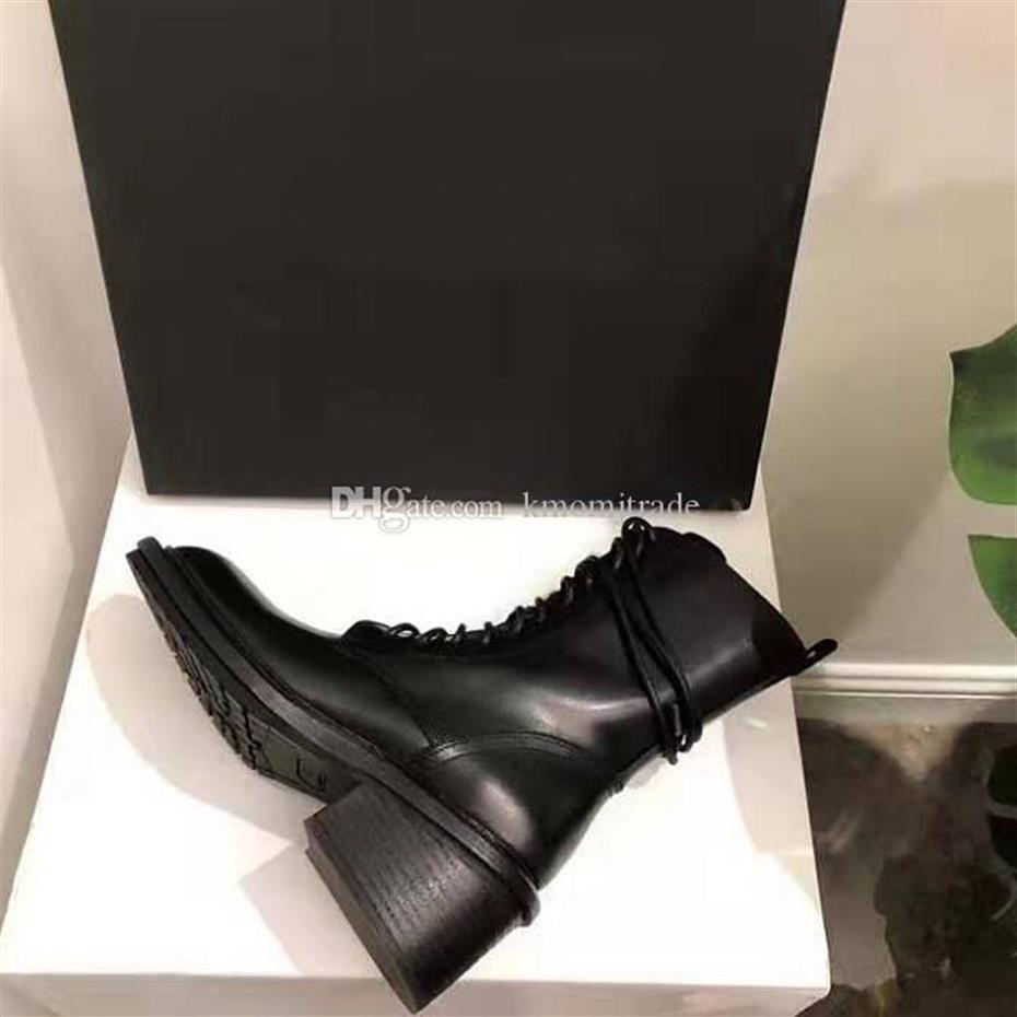 

Woman Ann Boots Black Genuine Leather Lace-up Demeulemeester Ankle Boots Round Toe Side Zip Chunky Block Heel Biker Boots Shoes274i
