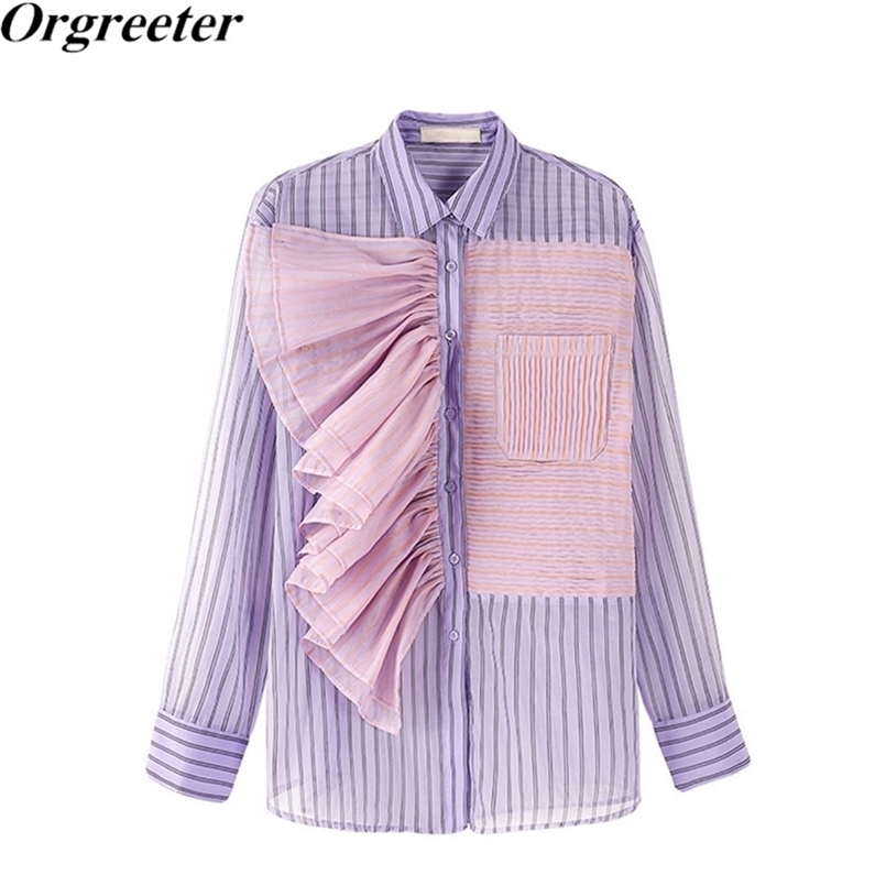 

Korean Fashion Purple Striped Long Shirt Women's Spring Fall Chic Asymmetry Design Side Ruffled Oversize Loose Blouse 210602, Lavender