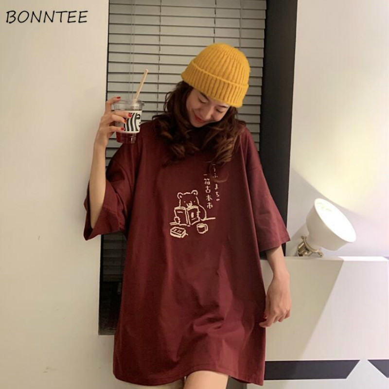 

Women 5 Quarter Sleeve Tshirts Summer Female Tees Cartoon Print 2XL Baggy Sweet Streetwear Allmatch Korean Fashion Ulzzang 220615, Red