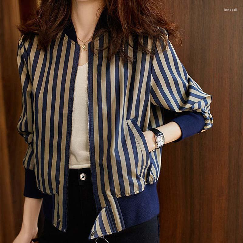 

Women' Jackets Women Spring Autumn Elegant Jacket Lady Pocket Zipper O-neck Long Sleeve Striped Female Loose Casual I428Women