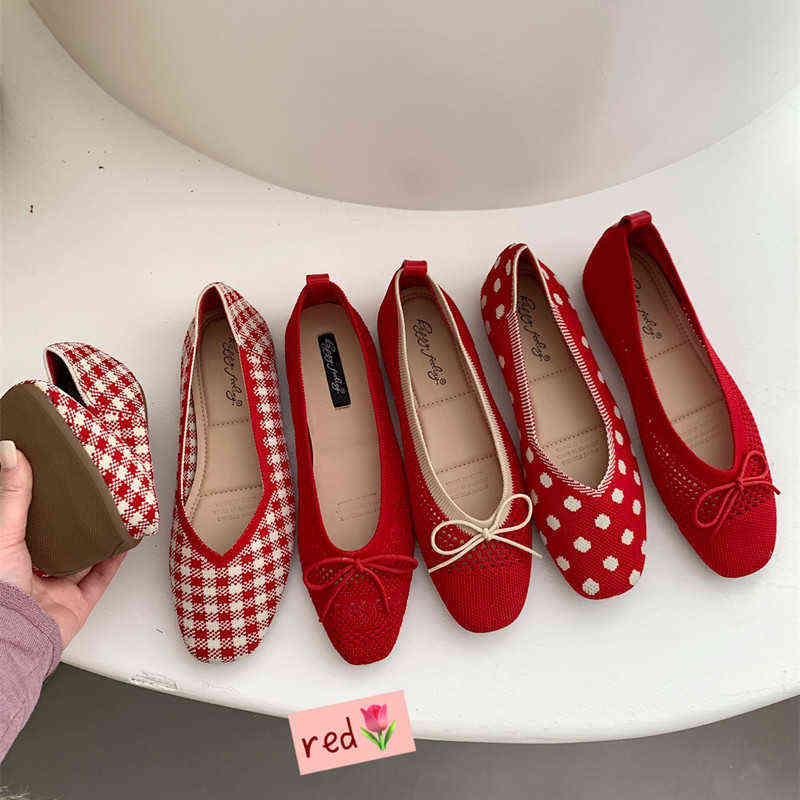

Slipper Women Retro Flat French Red Ballet Shoe Bow Knit Lazy Grandma Shallow Mouth Egg Roll Scoop Loafer Mujer 220622, Red 1