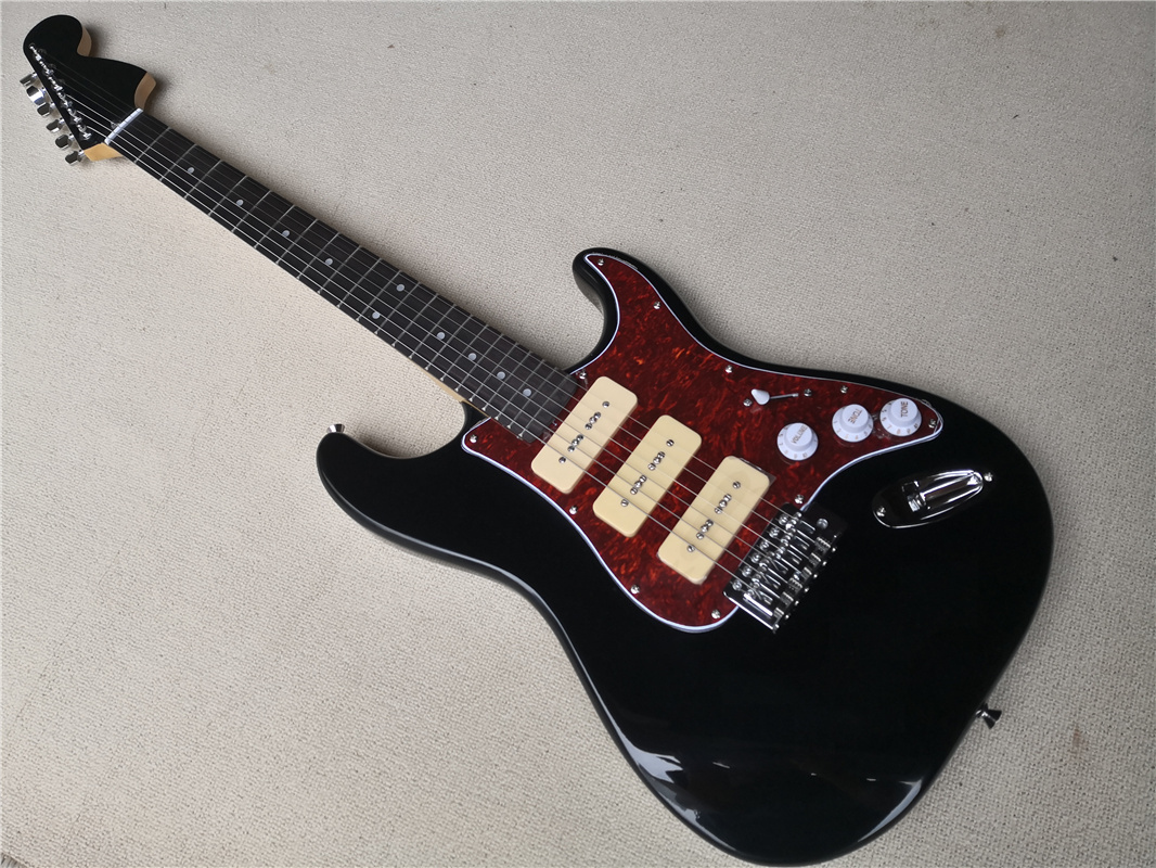 

Classic electric guitar, stra guitar, black body, yellow P90 pickup, red pearl pickguard, single rocker