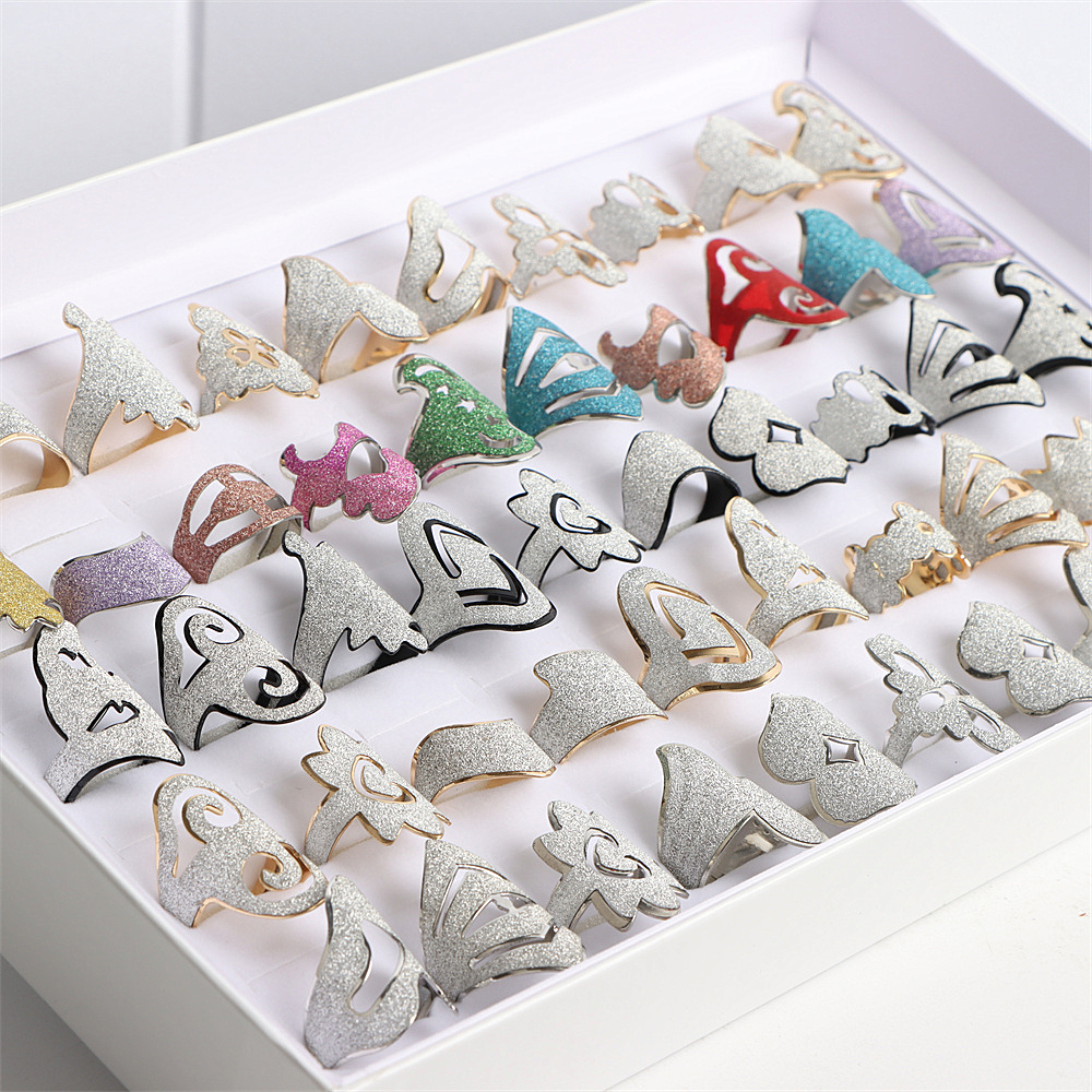 

Fashion Colorful Hollow Frosted Rings Mix Style Geometric Adjustable Open Jewelry For Women Men Party Gifts Wholesale 36Pcs/Lot