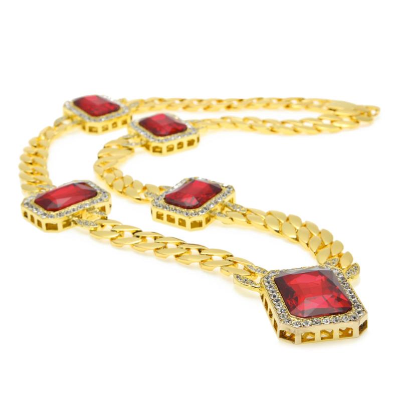 

Chains Men'Miami Cuban Link Necklace Gold Silve Color 5pcs Square Red Gem Crystal 30" Full Rhinestone Hip Hop Rock Jewelry