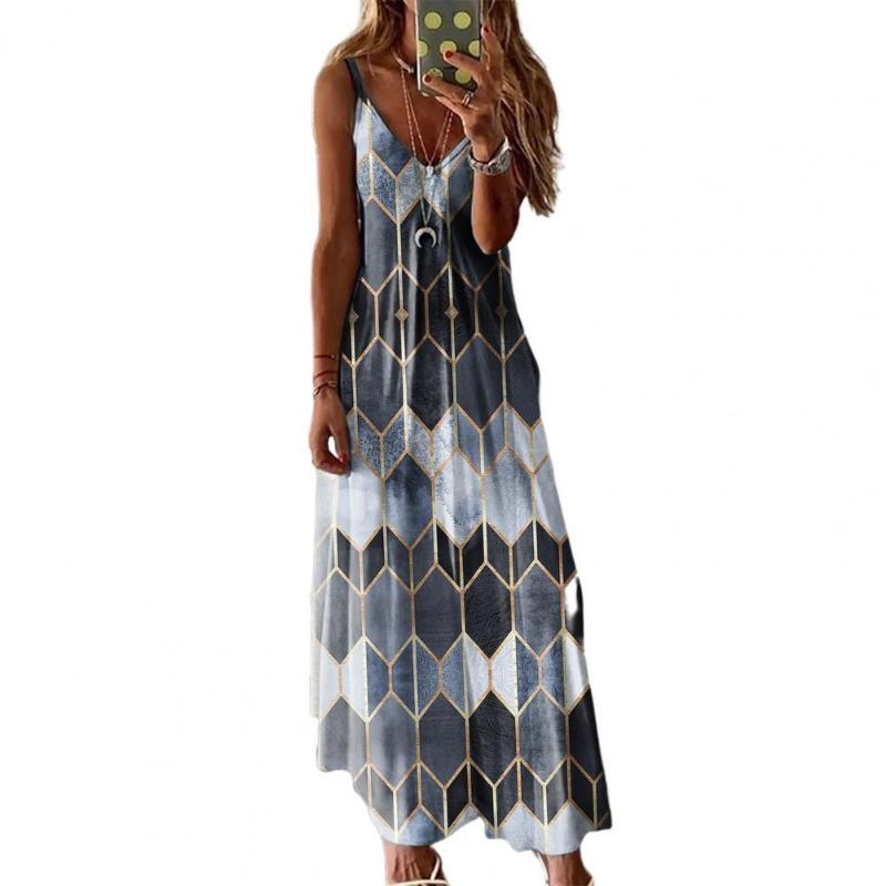

Casual Dresses Women Dress Geometric Hexagon Large Hem V Neck Sleeveless Cotton Maxi Sling For Summer Ladies Loose Sundress Party DressesCas, Blue