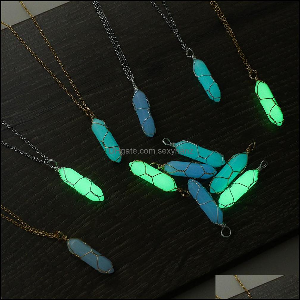 

Pendant Necklaces Pendants Jewelry Hexagonal Cylindrical Crystal Necklace Glow In The Dark Luminous Wire Wrap Stone Gift For Women Men Dro