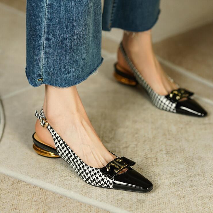 

Fashion Square toe Low heel Plaid Slingbacks Women Patent leather Fashion Summer Lady Dress Shoes, Black