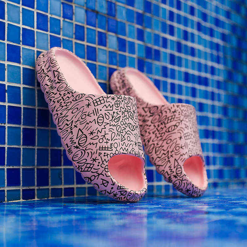 

Slipper Summer Girls Women Slippers Platform Fish Mouth Flip Flops Graffiti Cool Beach Slides Soft Home Shoes Women's Sandals 0729, Pink graffiti