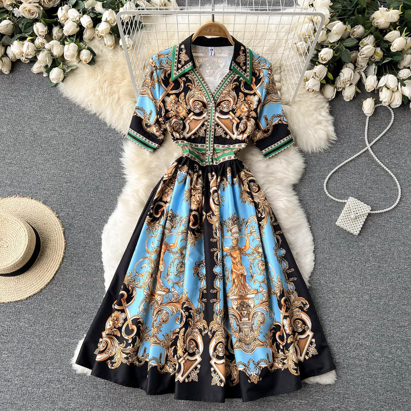 

A Line Fashion Vintage Black Women Casual Dresses Stand Collar Lantern Short Sleeves Bandages High Waist Blue Party Dresses Female 2022, Same as picture