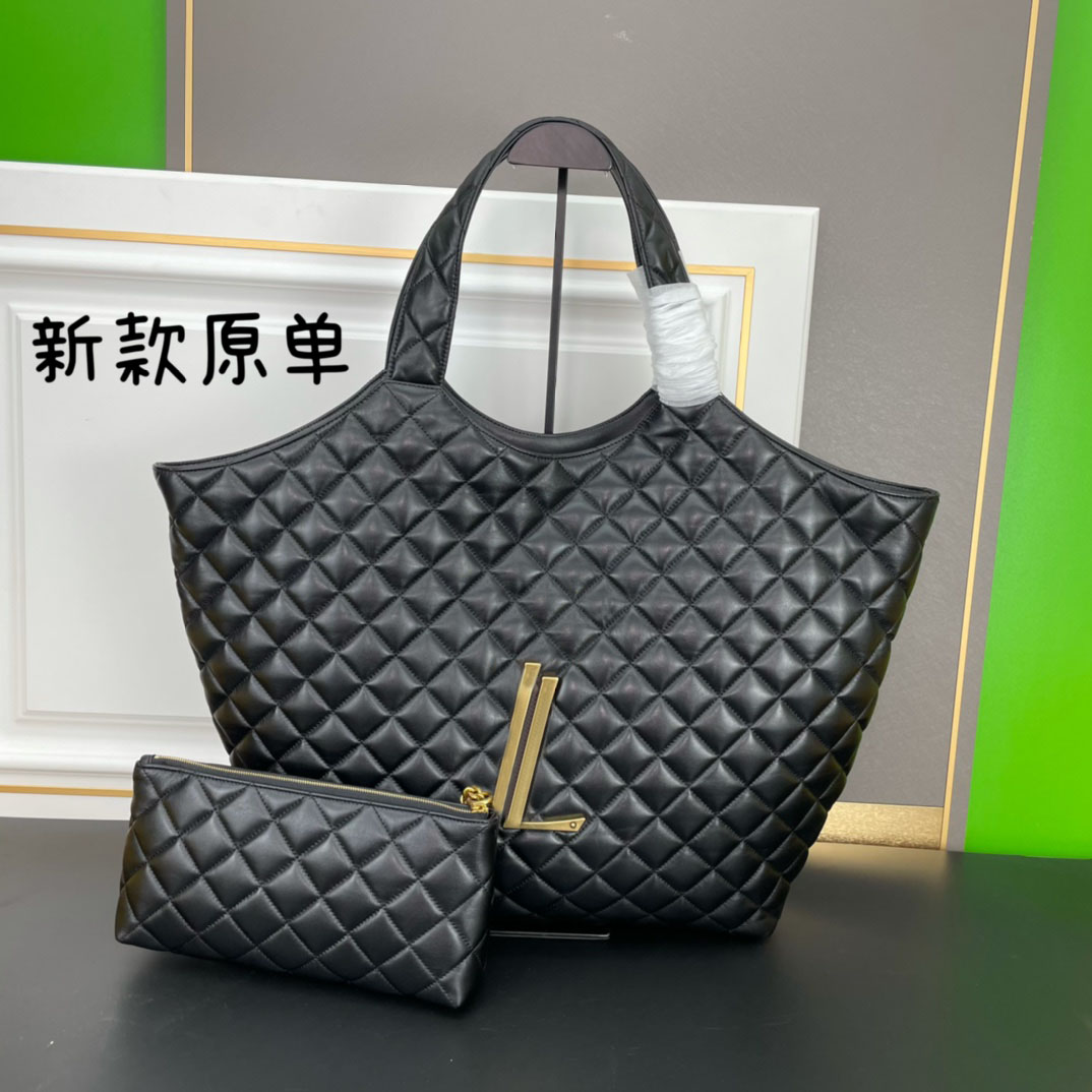 

10A diamond Quality Womens lcare Shopping Bags Maxi Soft LEATHER Quilted Purses Tote Handbag Ladies Genuine Leather Foldable Clutch Tote SIZE 38-43CM, Black