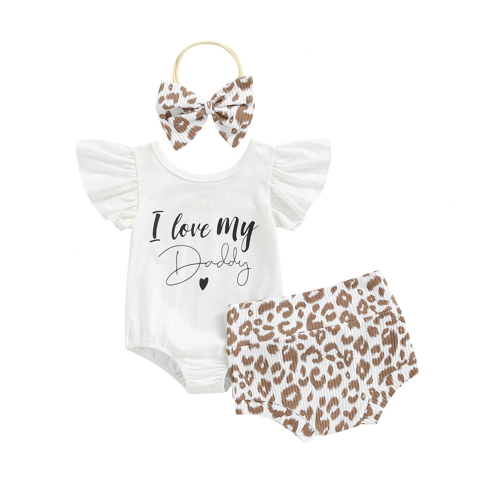 

0-18m Newborn Infant Baby Girl 3pcs Summer Clothing Set Off Shoulder Letter Bodysuit Top Leopard Shorts, As picture