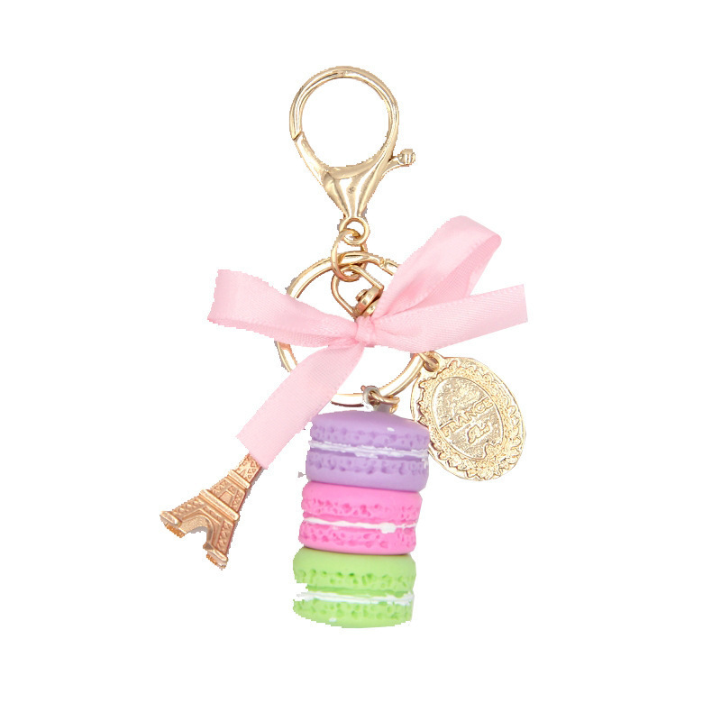 

Resin Macaron Cake Key Chain Metal Effiel Tower Bag Pendant Charm key Ring Wedding Supplies Keychain Favors 10colors