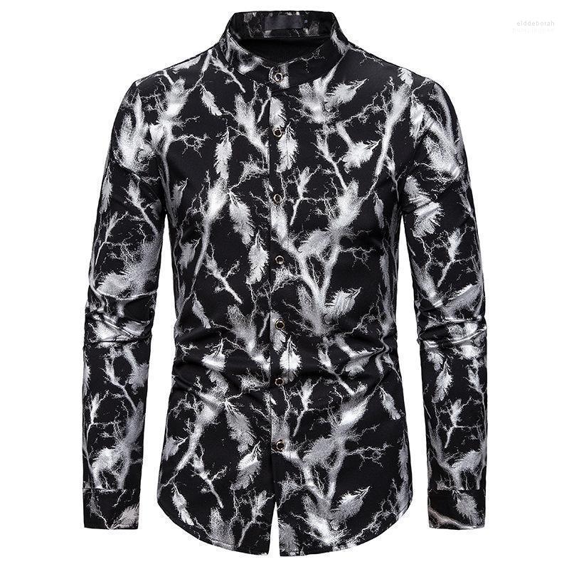 

Men' Casual Shirts Gold Feather Bronzing Shirt Men Brand Slim Fit Long Sleeve Mandarin Collar Dress Mens Nightclub Wedding Tuxedo Eldd22, White