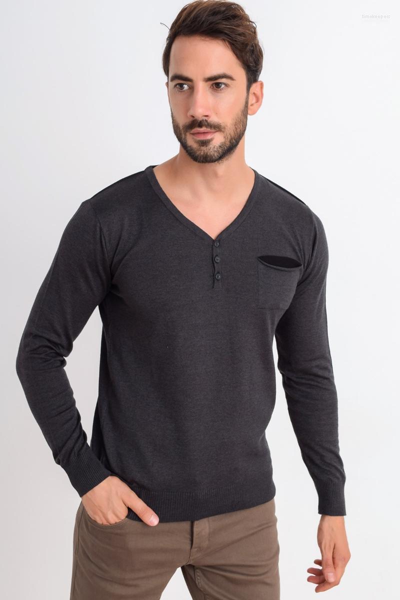 

Heyss V Collar Button Male Sweater Men' Sweaters Time22, Dark grey