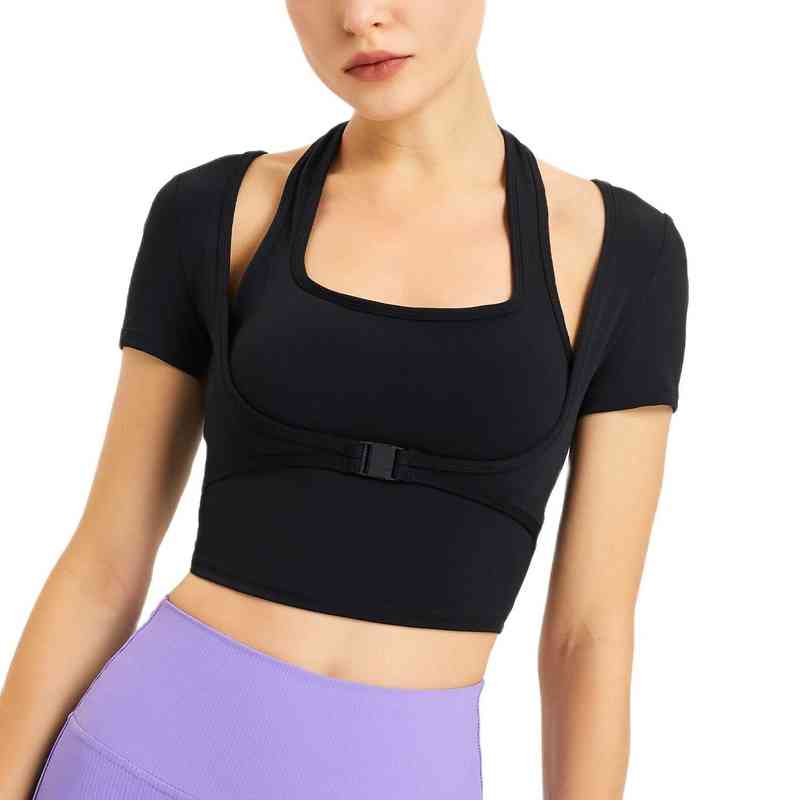 

2022 Summer Yoga Shirt Bra with Pad High Impact Short Sleeves Halterneck Crop Top 2 in 1 Fitness Gymwear Workout Jogger Sport T220725, Blue
