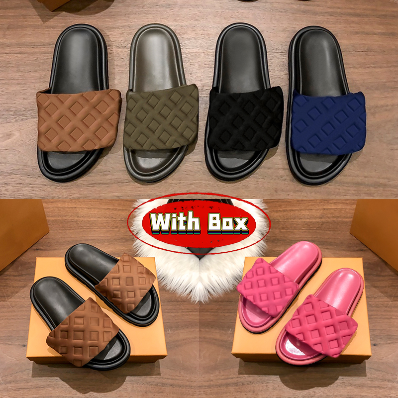 

With box Sandal slippers Pool Pillow Flat Comfort Embossed Mules Luxury men designer Slides women shoes pink triple black ivory beige Cargo Khaki summer slipper, Double box