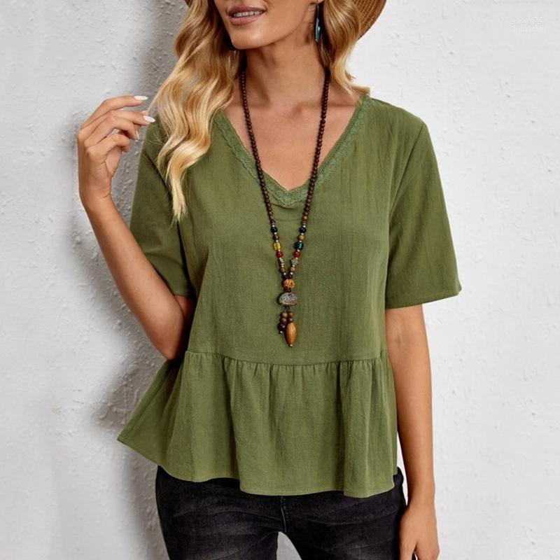 

Women' Blouses & Shirts Vintage Summer Women Shirt Loose Casual Three Quarter V Neck Blouse Solid Color Beach Oversized Boho Blusas Female, Army green