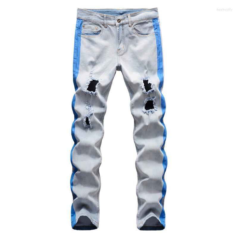 

Men's Jeans Men's Stretch Denim Ripped Stripe Lines Printed Holes Distressed Slim Straight Pants TrousersMen's Heat22, Blue
