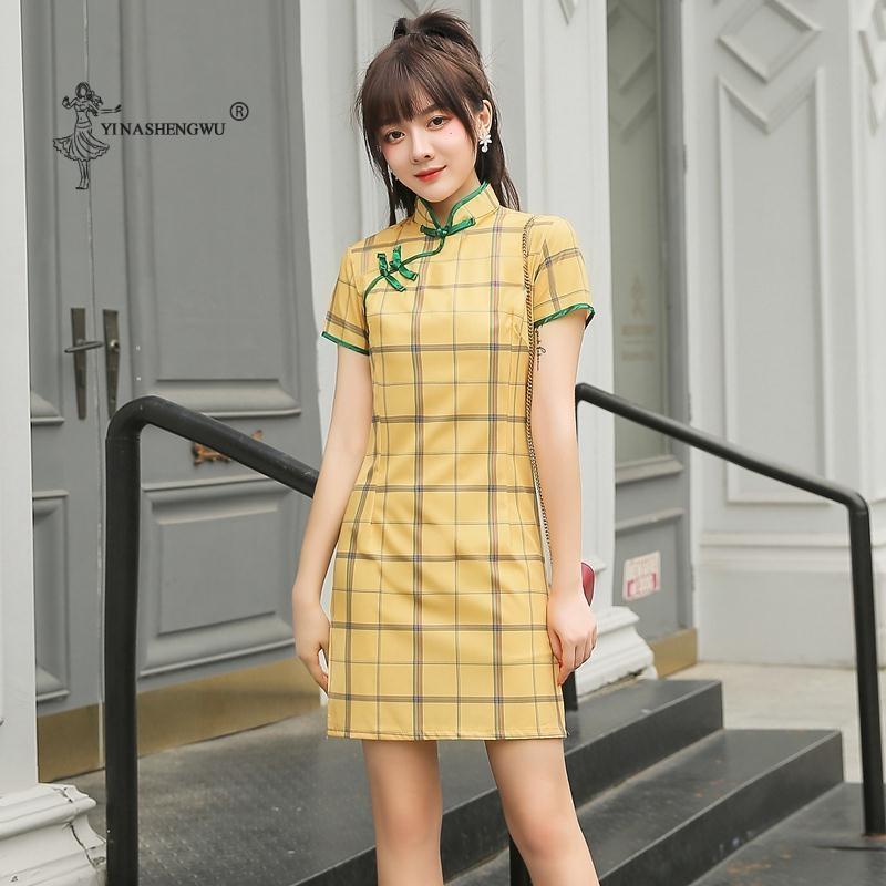 

Ethnic Clothing Chinese Traditions Elegant Slim Vintage Short Sleeve Daily Dress Women Cotton Mini Qipao Sexy High Split Plaid CheongsamEthn