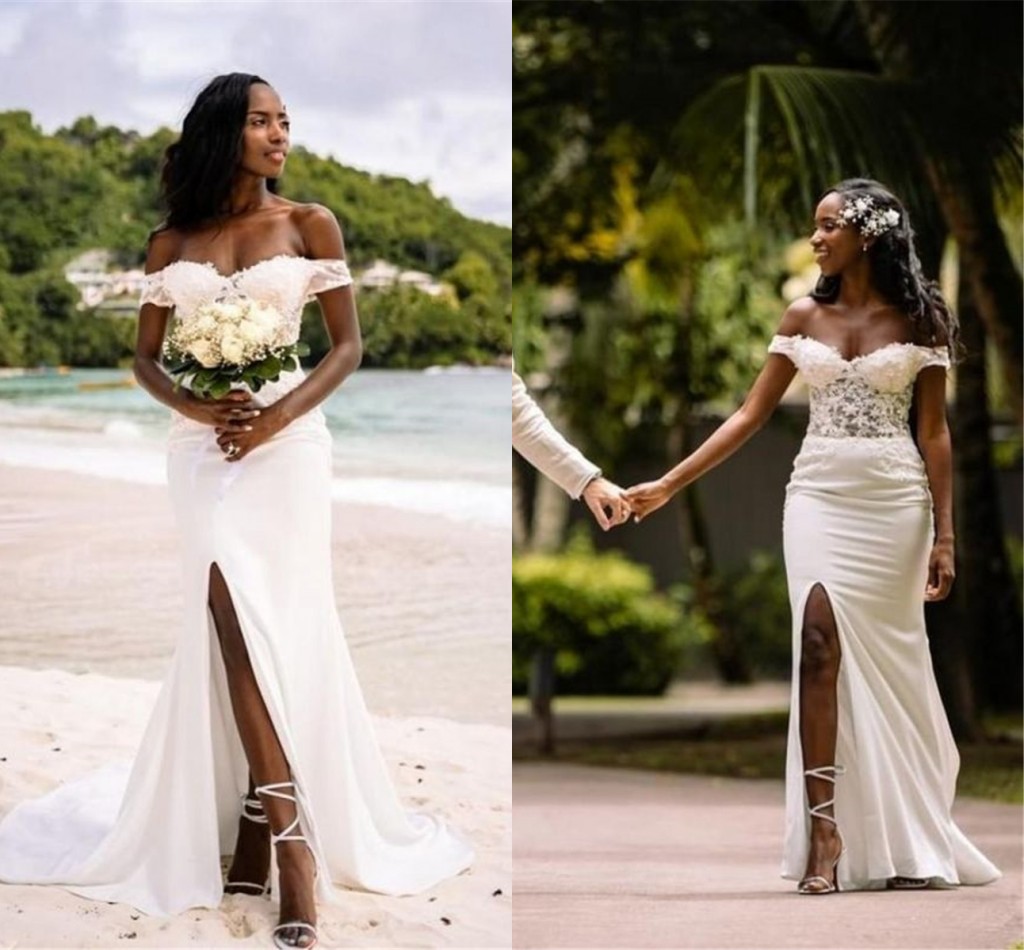 

Summer Beach Garden Bohemian Wedding Dresses Sexy Mermaid Off Shoulder Appliques Illusion Bodice Bridal Gowns With Split Elegant Robes African, White
