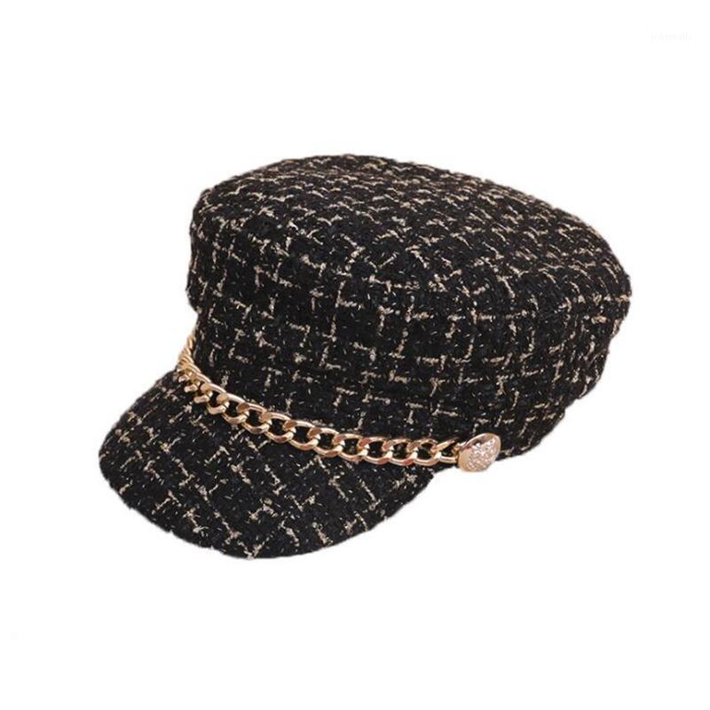 

Berets Women Plaid Tweed Sboy Baker Boy Hat Captain Sailor Fisherman Peaked-Beret With Chain, White