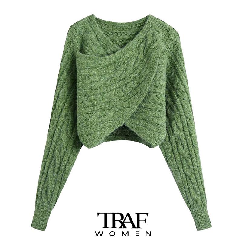 

Women' Sweaters Women Fashion Front Crossover Cropped Cable-knit Sweater Vintage Long Sleeve Female Pullovers Chic TopsWomen, As picture