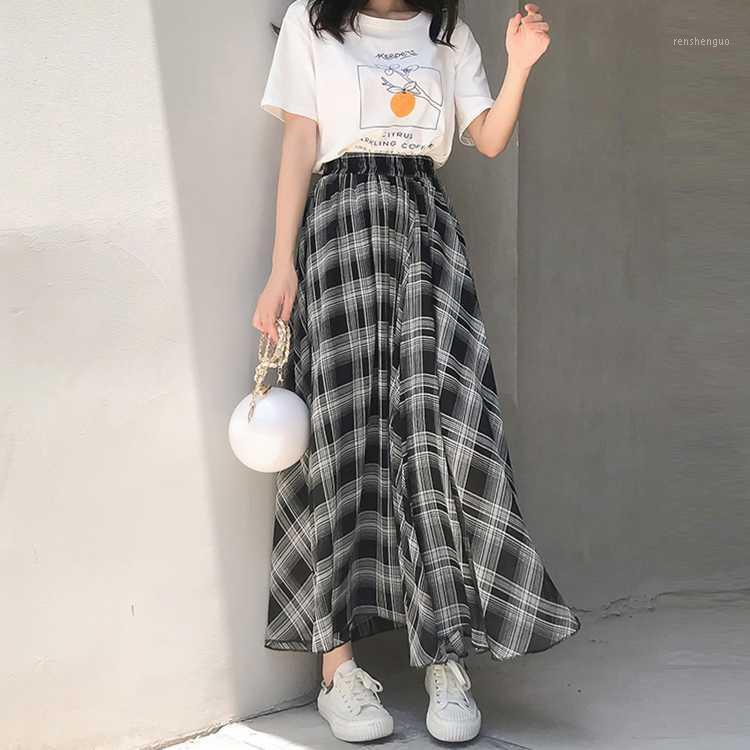 

Skirts Plaid Skirt Mid Length Summer Black High Waist A-line Floral Chiffon Long Children' Korean Umbrella, And white check