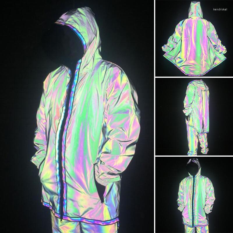 

Men's Trench Coats Rainbow Reflective Clothes Outdoor Leisure Jacket Double Pocket Poncho B99 Kend22, Xxl