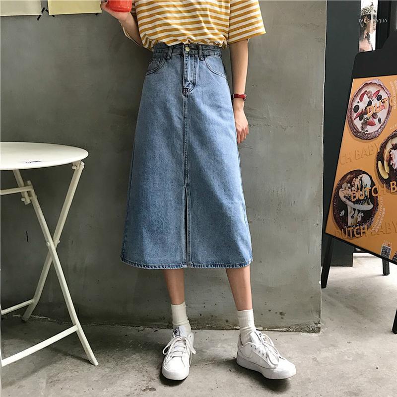 

Skirts Spring And Summer Korean Mid Length Skirt With High Waist A-line Women' Split Denim Slim, See chart