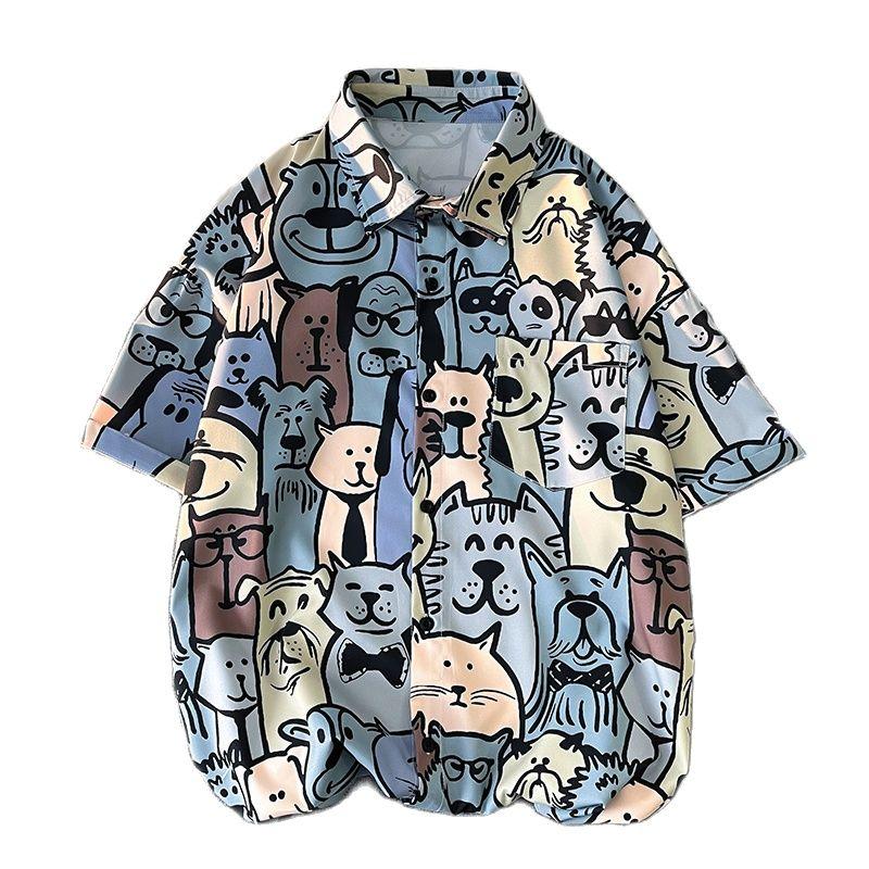 

Men's Casual Shirts Summer Oversize Anime Print Men Women Baggy Blouse Fashion Korean Streetwear Short Sleeved Clothing Tops Male FemaleMen', Multi