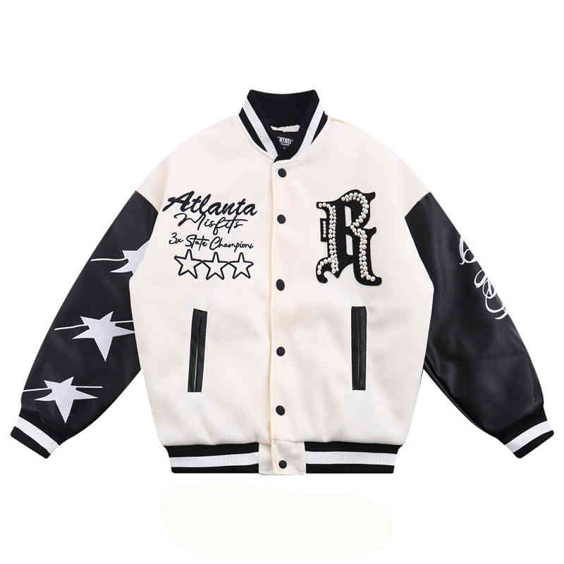 

Winter Hiphop Streetwear Baseball Jacket Men Letter Pearl Embroidery Patchwork Varsity Thick Warm Coat Women Harajuku Punk Parka, Black white