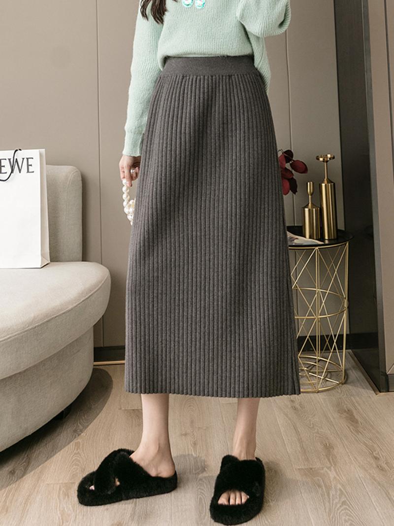 

Skirts Knitted Skirt Women' Autumn And Winter Sunken Stripe Casual Pleated Hip Mid-Length Straight Wool, Black